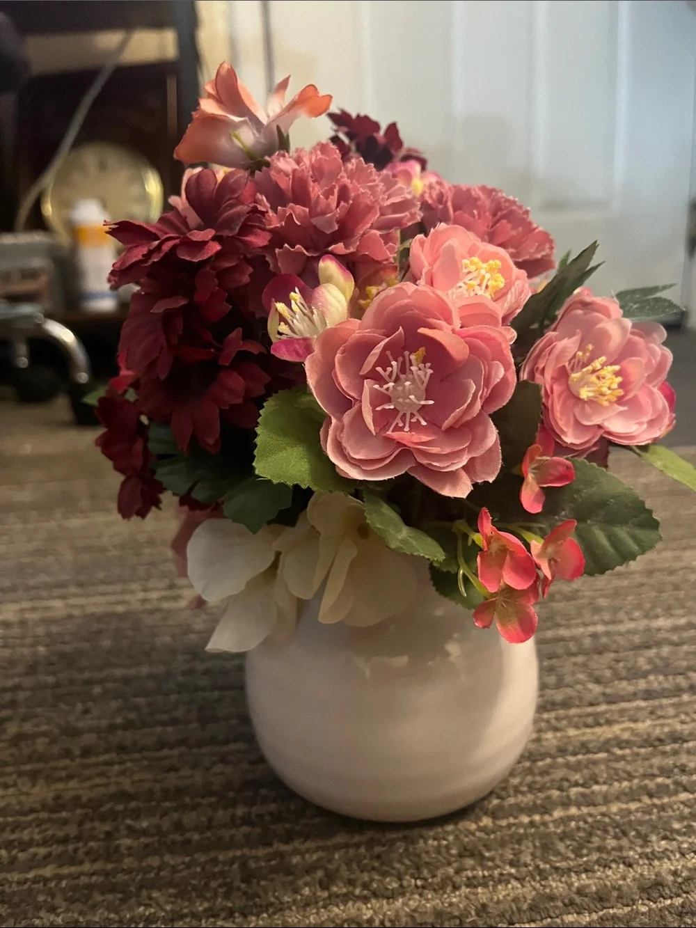 Pink Mixed Faux Floral Arrangement in White Ceramic Vase - Home Accents